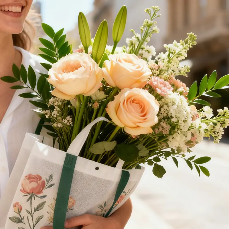 a happy young woman is holding a lush, balanced floral bouquet .