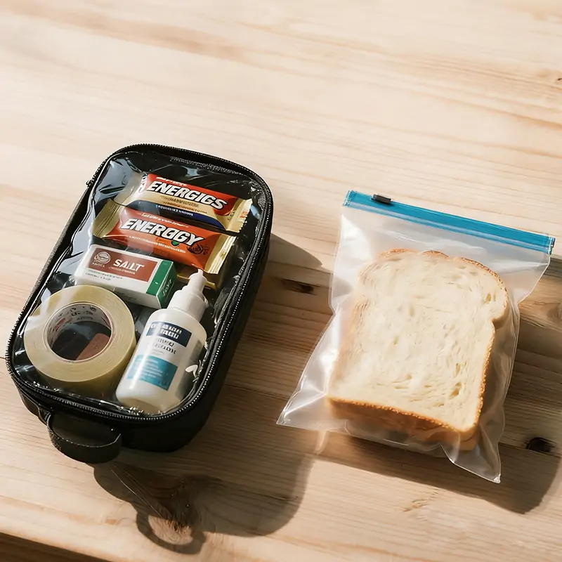 A clear quart-sized bag containing a slice of white bread sits next to a black zippered pouch containing ENERGY brand energy bars, a box of salt, adhesive tape, and a bottle.