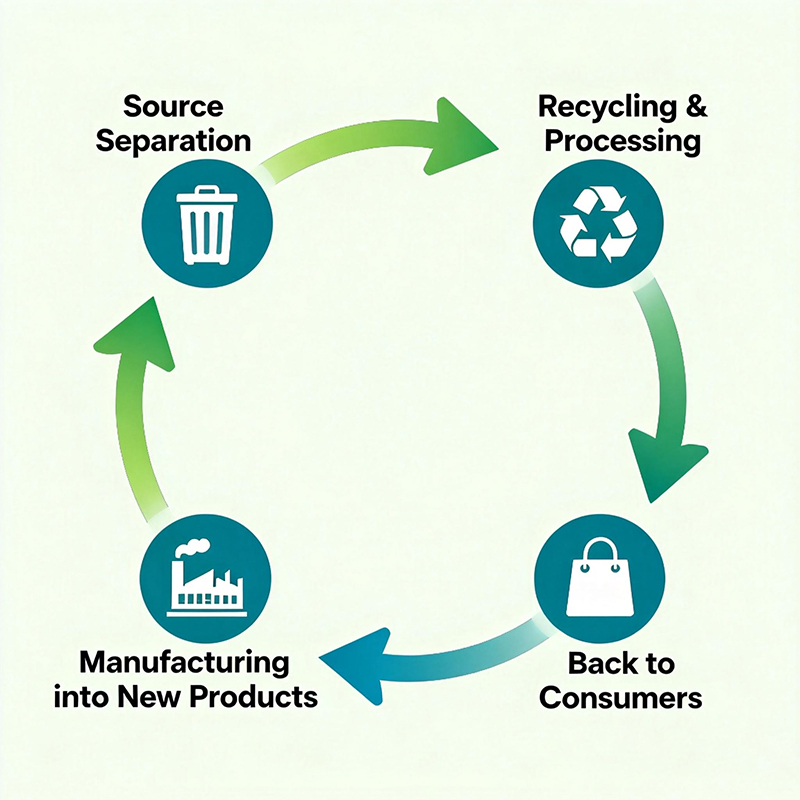 Circular economy infographic showing the closed-loop system: proper waste separation leads to recycling, manufacturing of new products, and eventual reuse by consumers, reducing virgin resource extraction and landfill waste.