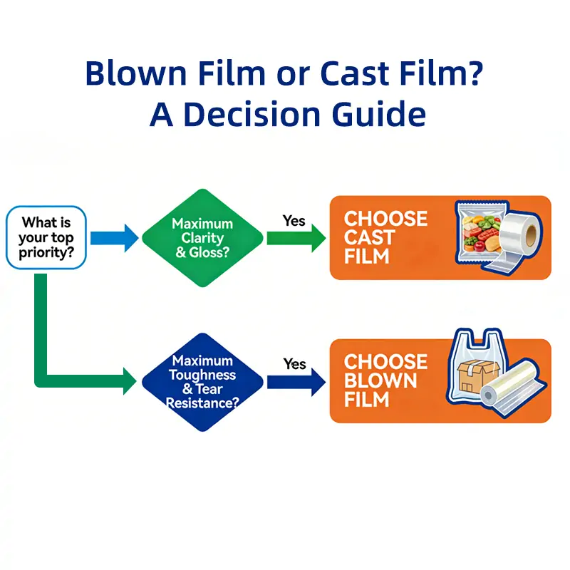 An infographic flowchart titled "Blown Film or Cast Film? A Decision Guide"