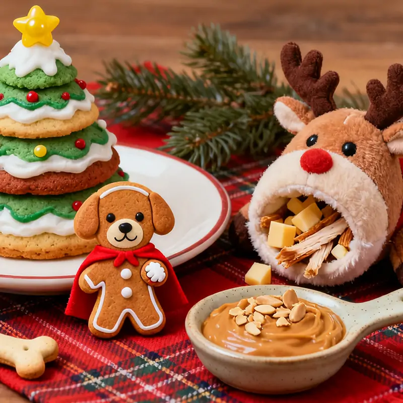 Homemade Christmas shaped dog treats and a stuffed Kong toy - Healthy holiday snacks for dogs