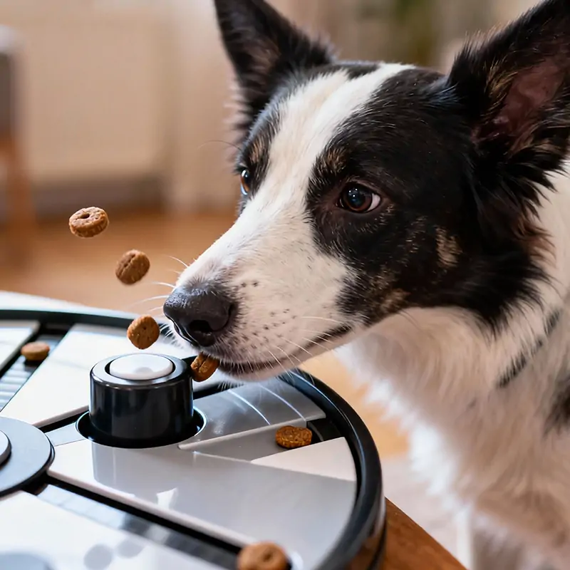 A smart dog solving an interactive puzzle feeder for mental stimulation - Best brain games for dogs