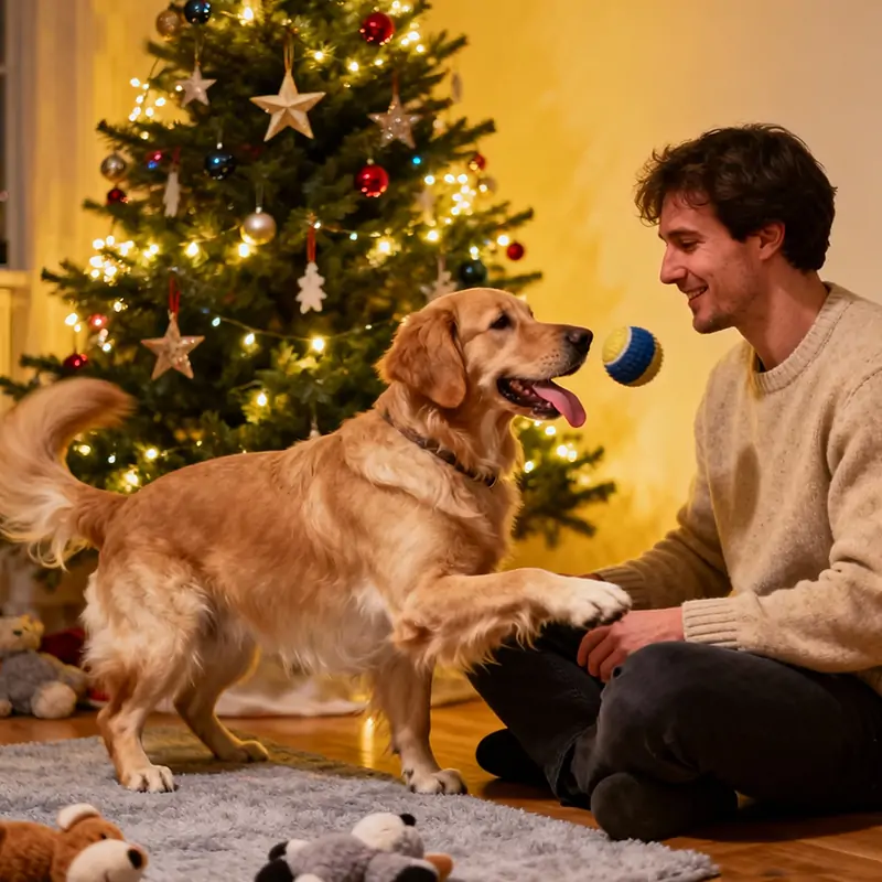 Owner cuddling with sleeping dog under Christmas tree lights - The best gift is your love and companionship