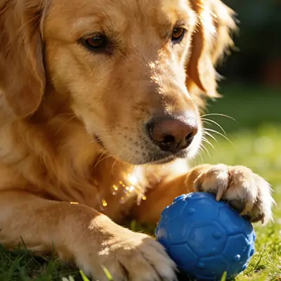 Dog looking at blue and yellow toys, demonstrating canine color vision for blue