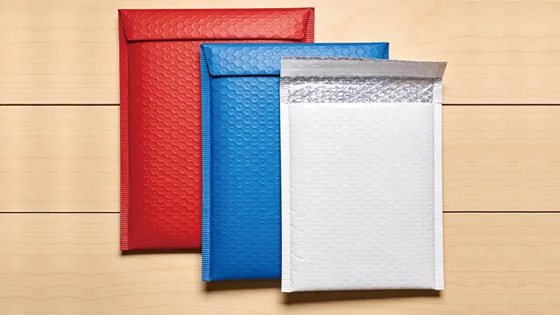 Flat lay composition of three different sized bubble mailers in classic colors: red, blue, and white.
