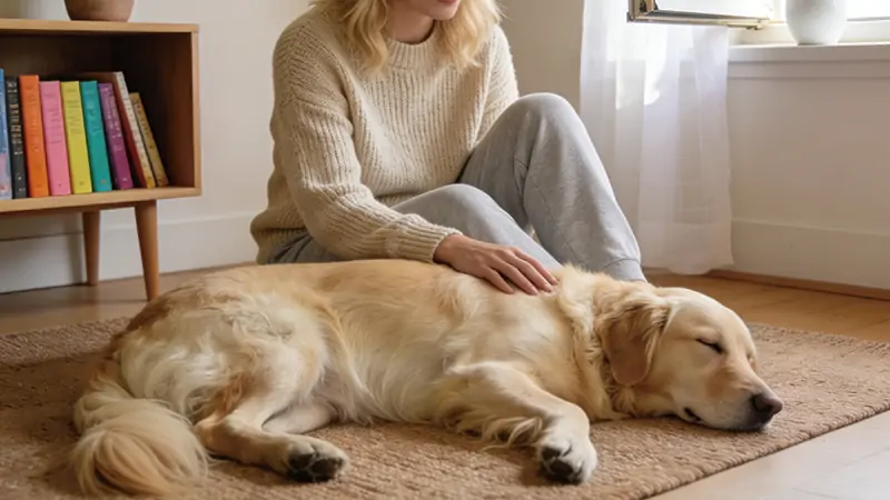 Woman and dog sharing a safe, bonding moment of companionship in a cozy living room.