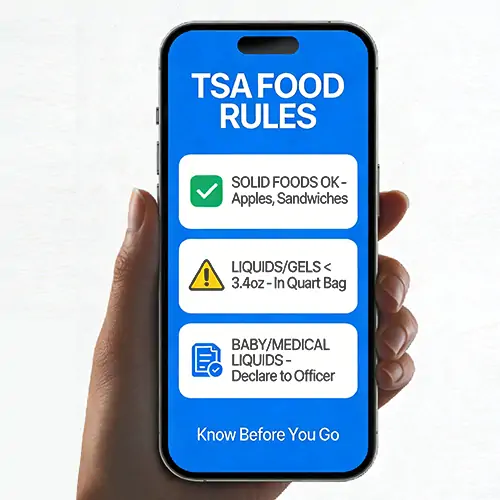 Quick reference card summarizing TSA food rules: solid foods allowed, liquids under 3.4oz in quart bag, declare baby/medical liquids.