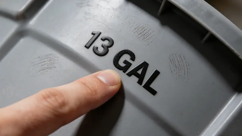 Extreme close-up of a trash can base pointing to the 13 gallon capacity label.