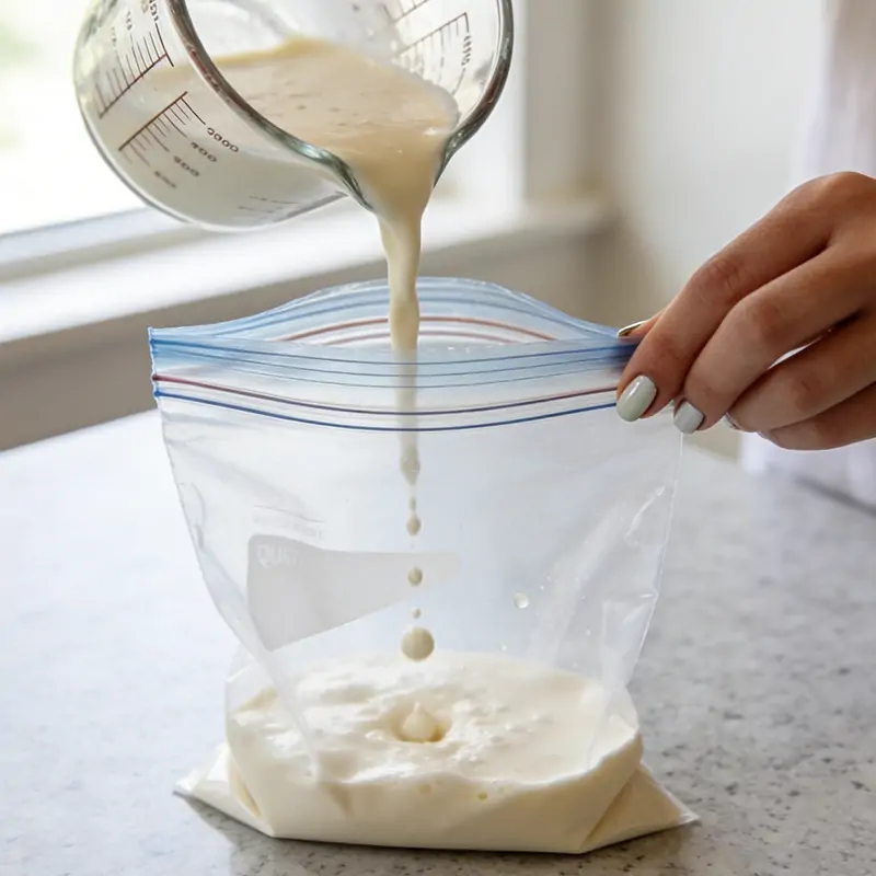  Pouring the ice cream base mixture into a small ziplock bag, the first step of the recipe.