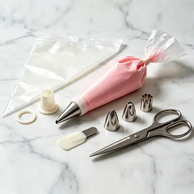 Essential piping bag tools including bags, coupler, and tips for cake decorating.