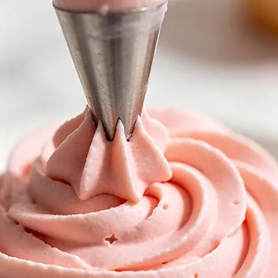 Step-by-step of piping a buttercream rosette flower with a piping bag and star tip.