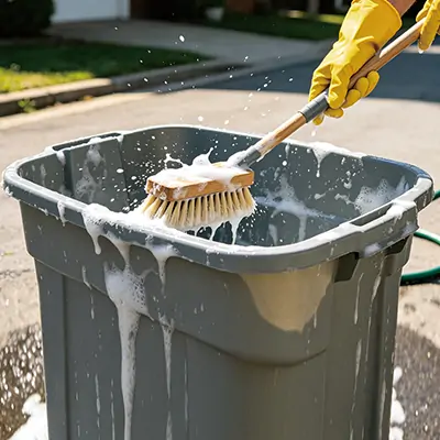 A key step in deep cleaning your trash can to keep flies away: scrubbing the empty bin thoroughly with soapy water and a brush outdoors.
