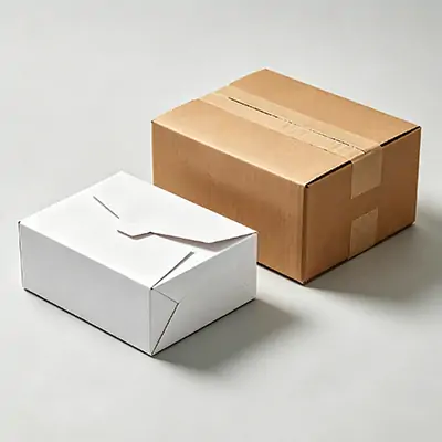 Mailer box vs shipping box comparison flat lay. Choosing the right e-commerce packaging.