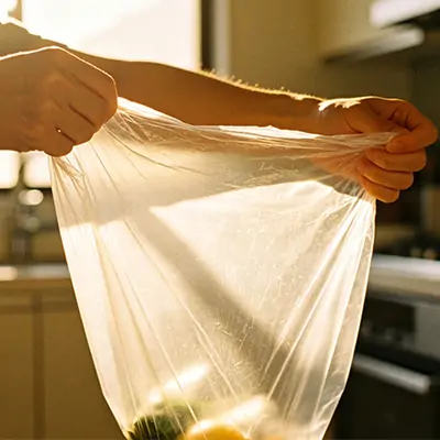 Person testing a plastic bag for stretchiness in a home kitchen.