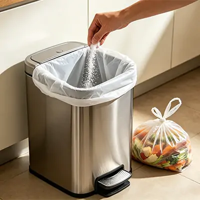 How to prevent flies: using a trash can with a sealed step-on lid, a secured liner, and sprinkling salt (a drying agent) at the bottom to absorb moisture.