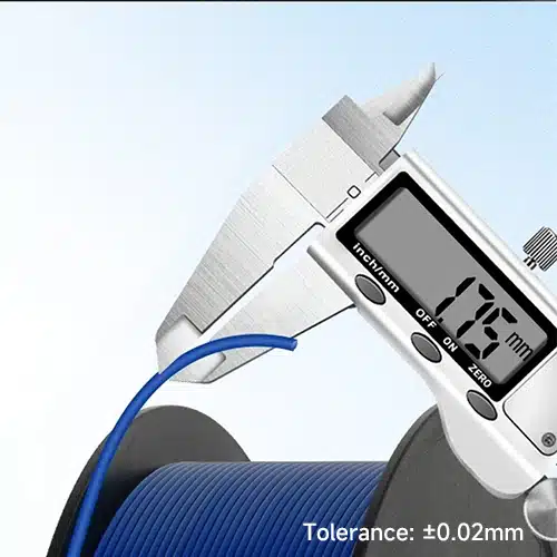 Digital caliper measuring 3D printer filament diameter at 1.75mm with minimal tolerance for precision printing.