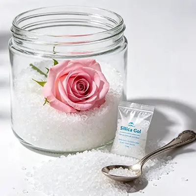 Rose being dried in silica gel crystals inside glass jar, technique to preserve bouquet colors.