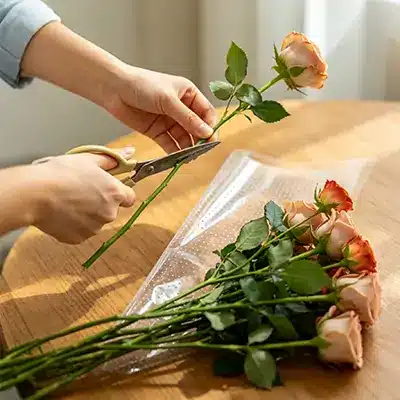 Hands cutting flower stems at 45 degrees after removing flower sleeve, step to preserve bouquet.