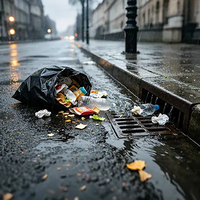 Spilled household garbage from a ruptured bag on a wet city street draining into a sewer, symbolizing how trash travels from homes to the ocean.